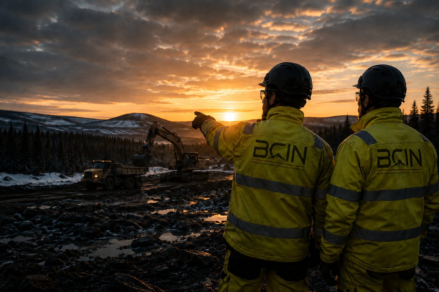 Two BCIN workers overlooking a groundwork project in northern evening light