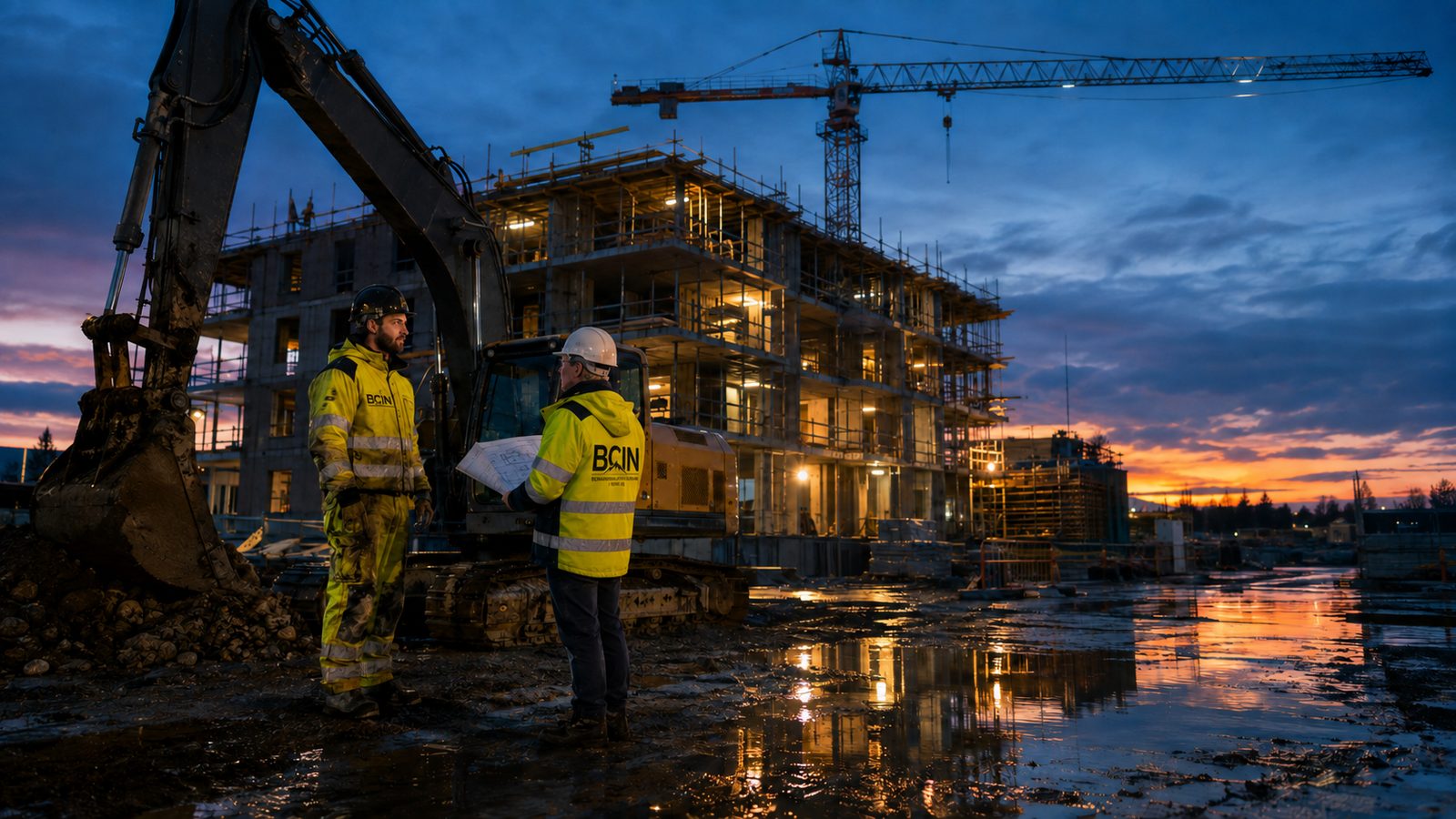 BCIN workers on a housing build at dusk