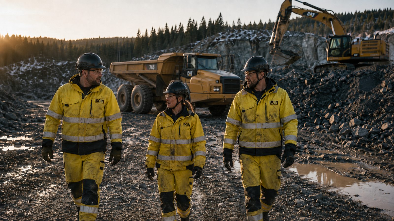 BCIN workers at a quarry with a hauler and an excavator