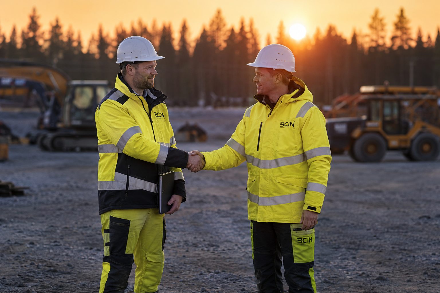 A handshake between a BCIN representative and a client on site at dawn